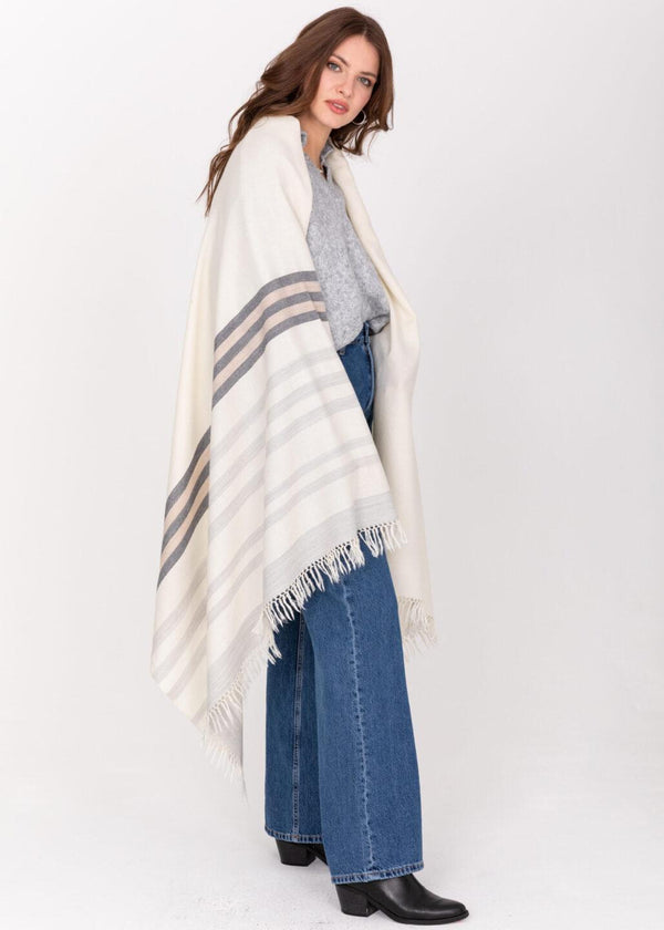 likemary Cream Merino Wool Shawl Scarf – Oversized Blanket Wrap with Stripes