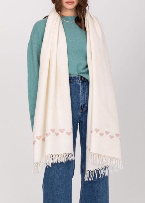 Likemary Cream Merino Wool Shawl Scarf With Pink Love Hearts