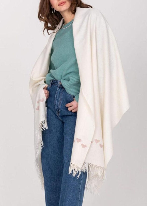 Likemary Cream Merino Wool Shawl Scarf With Pink Love Hearts