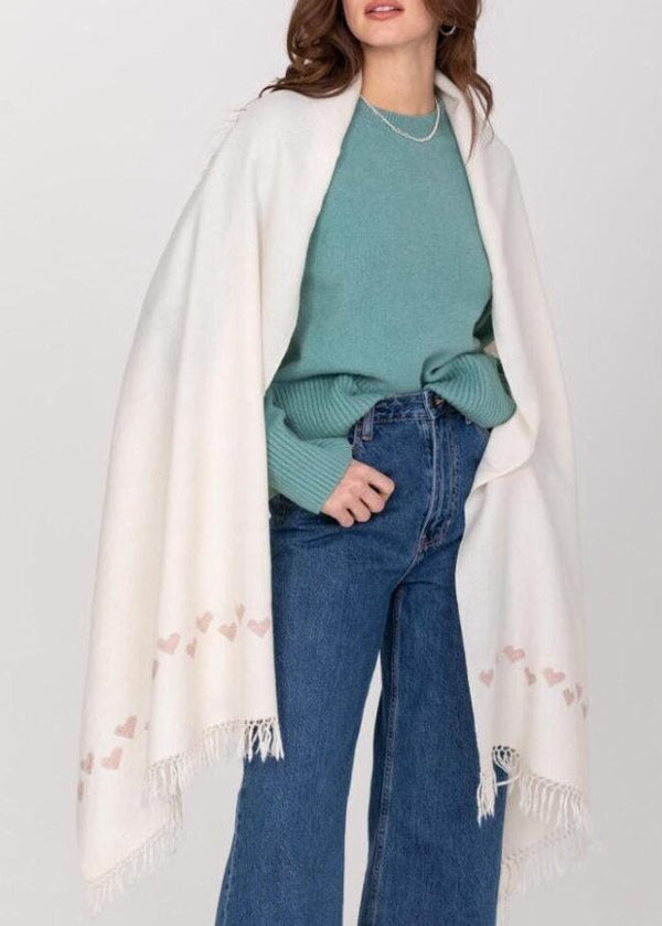 Likemary Cream Merino Wool Shawl Scarf With Pink Love Hearts