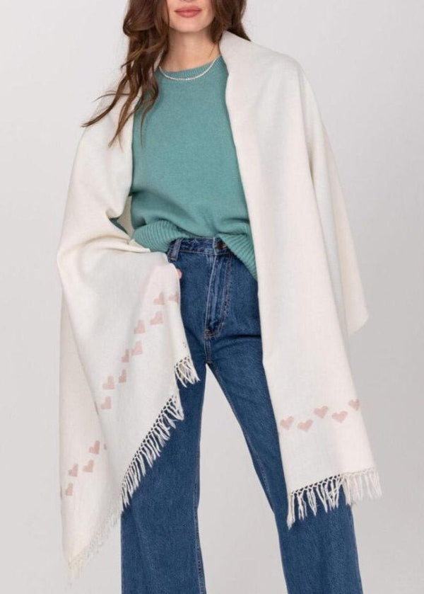 likemary Cream Merino Wool Shawl Scarf with Pink Love Hearts