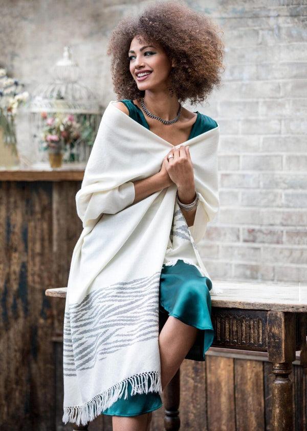 likemary Cream Zebra Merino Wool Pashmina Stole - Handwoven Zebra Motif