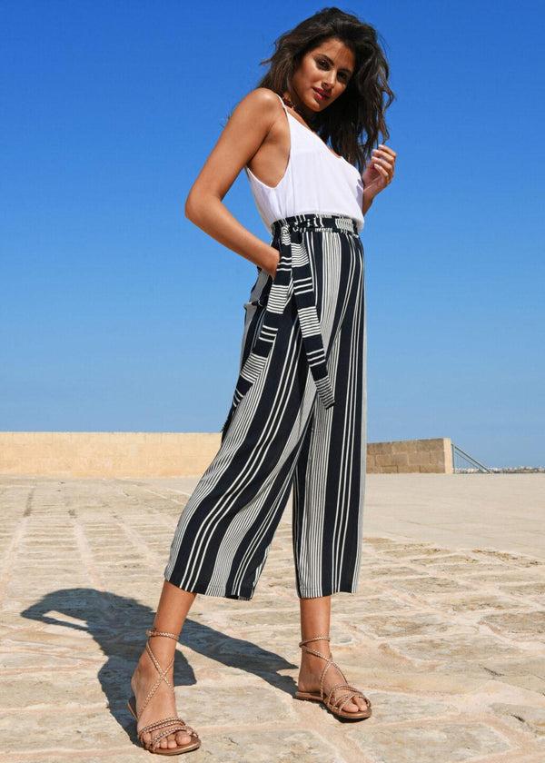 likemary Culotte Crop Summer Trousers Crinkle Stripes