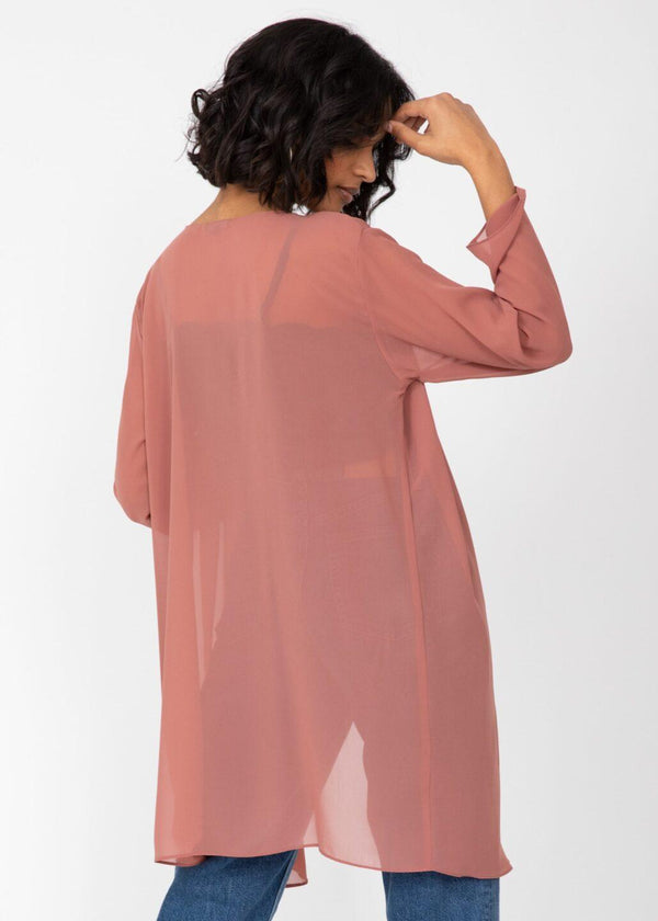 Likemary Elegant Longline Sheer Sleeves Cardigan In Rose Pink