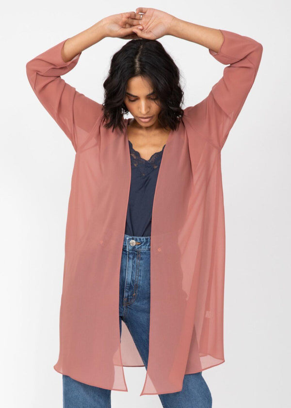 Likemary Elegant Longline Sheer Sleeves Cardigan In Rose Pink