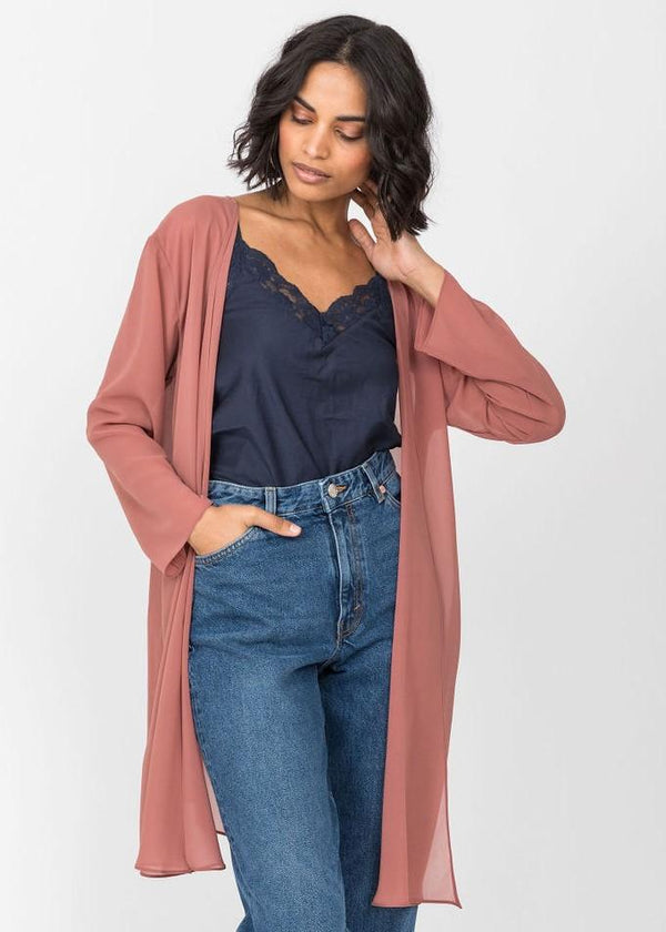 Likemary Elegant Longline Sheer Sleeves Cardigan In Rose Pink