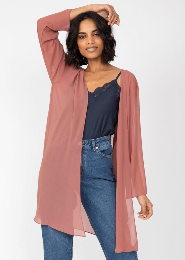 likemary Elegant Longline Sheer Sleeves Cardigan in Rose Pink
