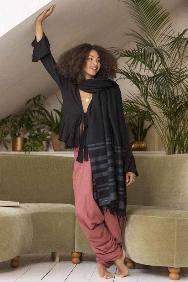 Likemary Ethically Handwoven Merino Blanket Scarf In Black With Stripes
