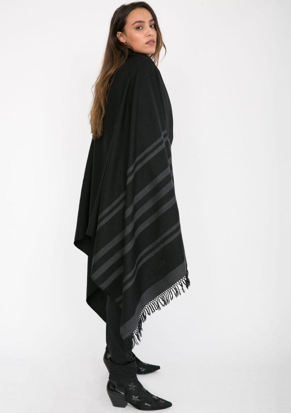 Likemary Ethically Handwoven Merino Blanket Scarf In Black With Stripes