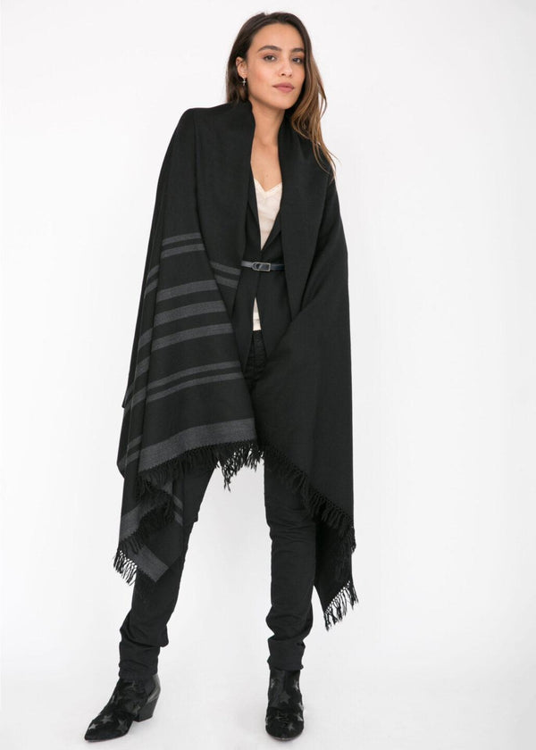Likemary Ethically Handwoven Merino Blanket Scarf In Black With Stripes