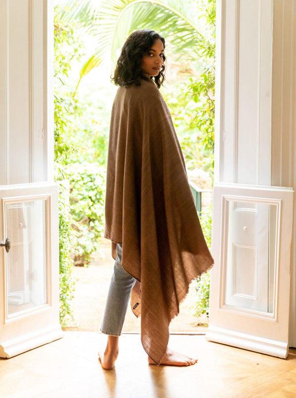likemary Ethically Handwoven Merino Wool Blanket Scarf in Brown Twill Mix