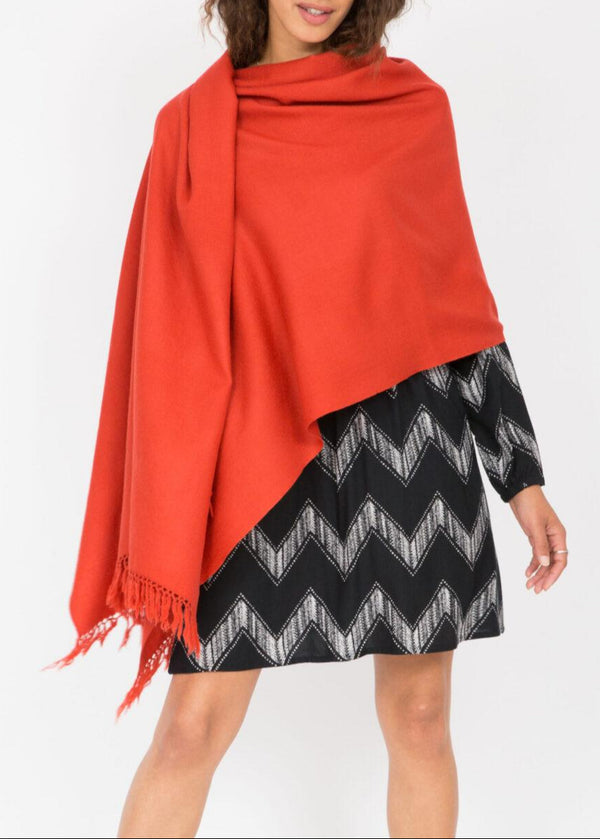Likemary Ethically Handwoven Merino Wool Blanket Scarf In Orange
