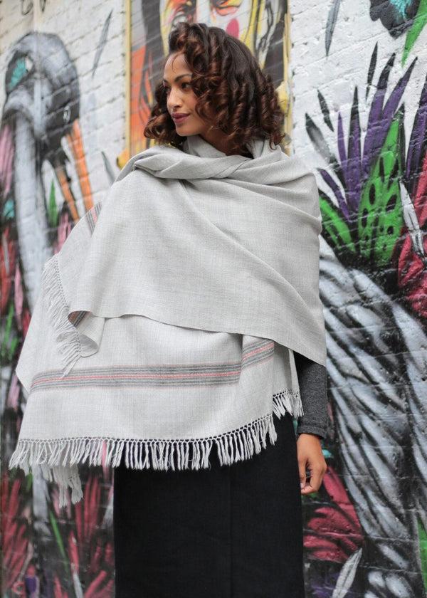 likemary Ethically Handwoven Merino Wool Blanket Scarf in Stone Grey Mansi