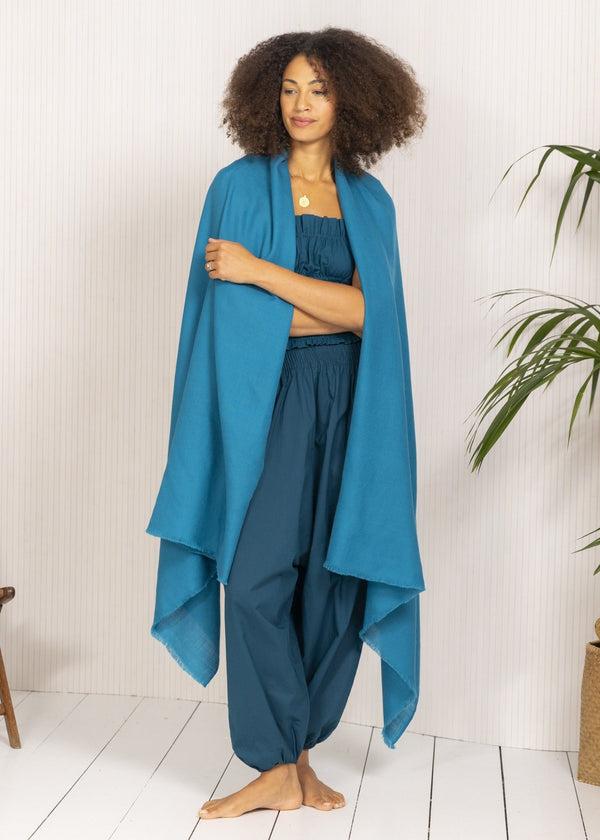 Likemary Ethically Handwoven Multi-Use Merino Wool Blanket Scarf In Turquoise