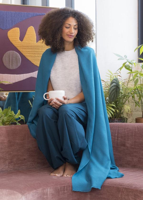 likemary Ethically Handwoven Multi-Use Merino Wool Blanket Scarf in Turquoise