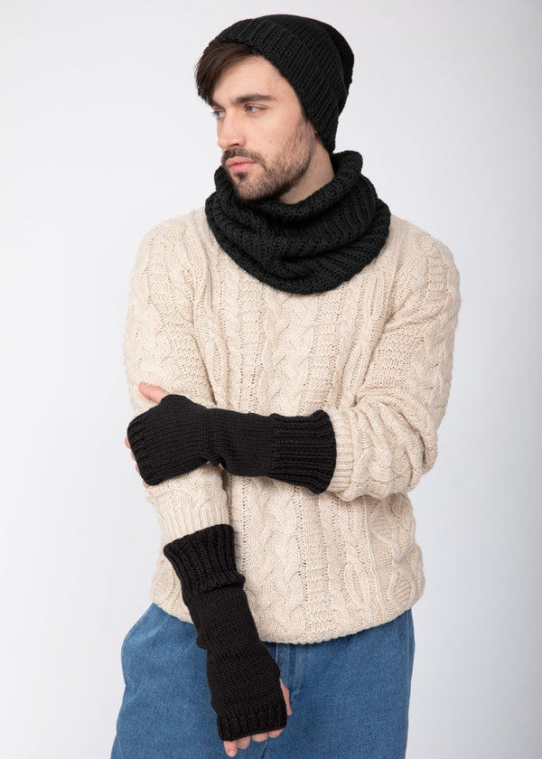 Likemary Ethically Made Men's Merino Wool Long Fingerless Gloves In Black