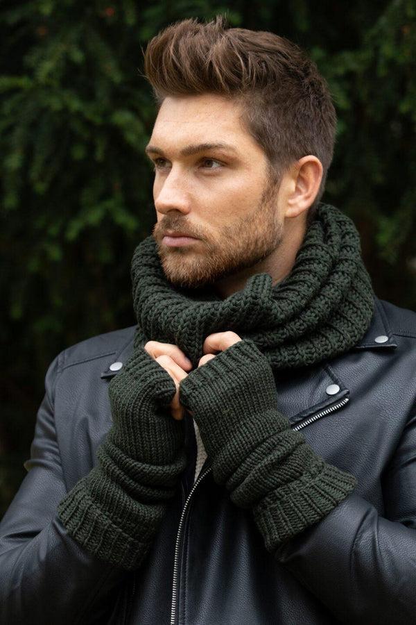 Likemary Ethically Made Men's Merino Wool Long Fingerless Gloves In Camo Green