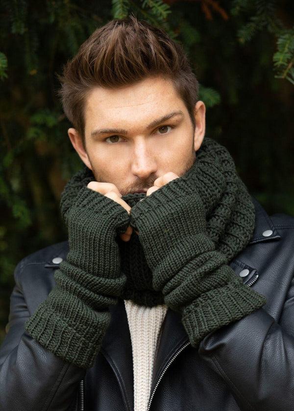 Likemary Ethically Made Men's Merino Wool Long Fingerless Gloves In Camo Green