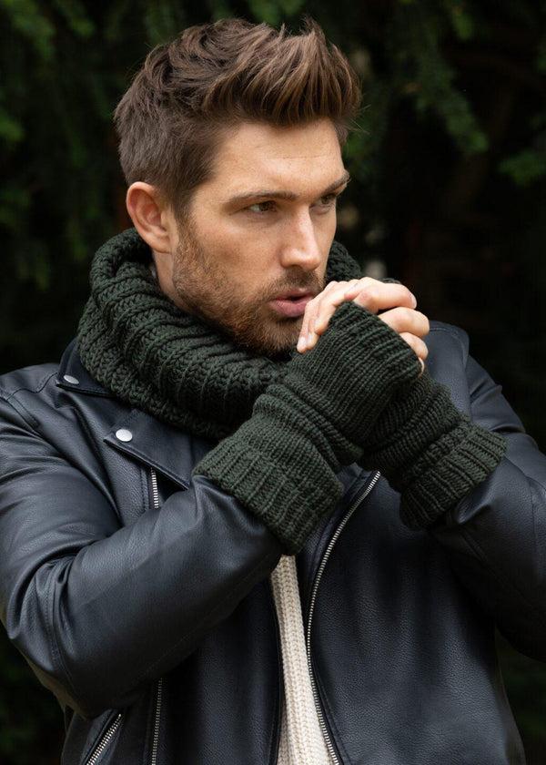 likemary Ethically Made Men's Merino Wool Long Fingerless Gloves in Camo Green