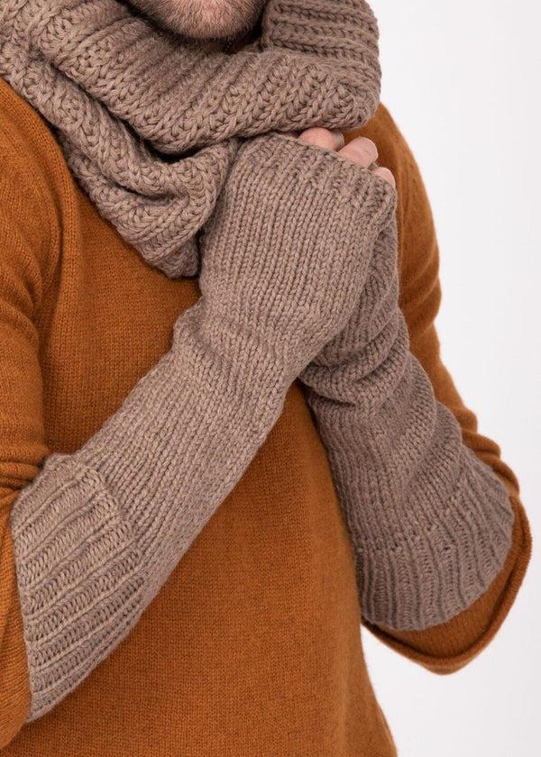 Likemary Ethically Made Men's Merino Wool Long Fingerless Gloves In Mocha Brown