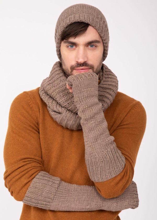 likemary Ethically Made Men's Merino Wool Long Fingerless Gloves in Mocha Brown