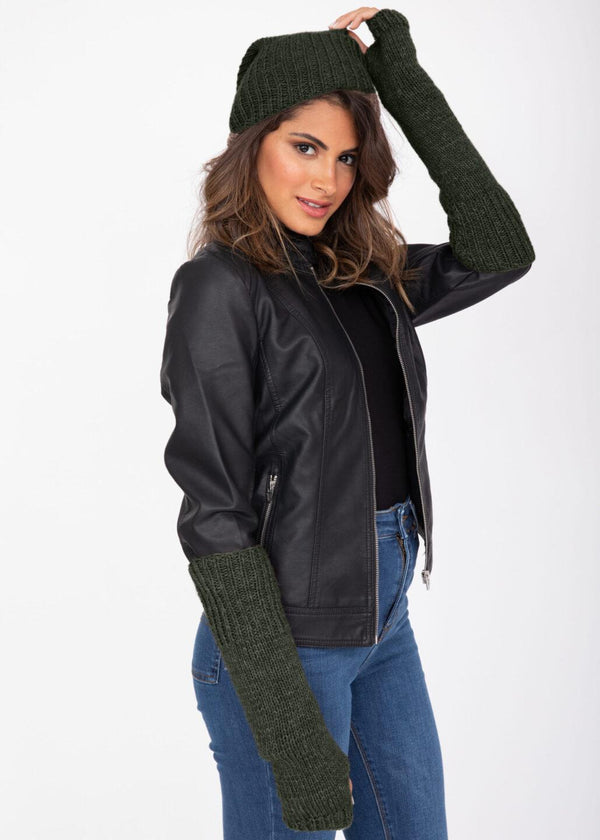 likemary Ethically Made Merino Wool Long Fingerless Gloves in Camo Green