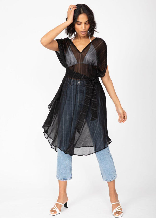Likemary Floaty Kaftan Dress In Sheer Black With Silver