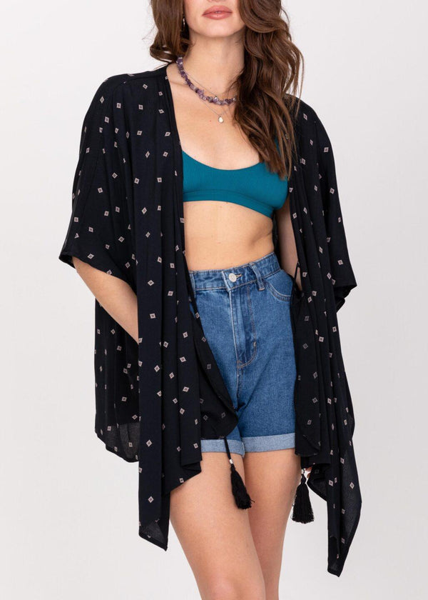 Likemary Floaty Kimono Cover Up In Diamond Print Black