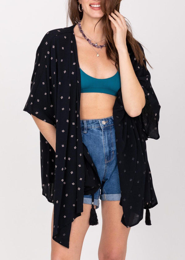 likemary Floaty Kimono Cover Up in Diamond Print Black