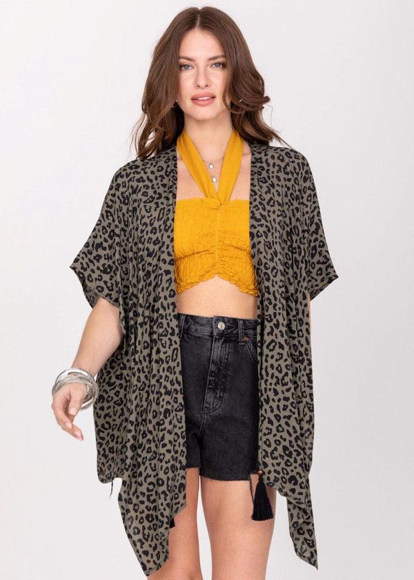 Likemary Floaty Kimono Cover Up In Green Leopard Print