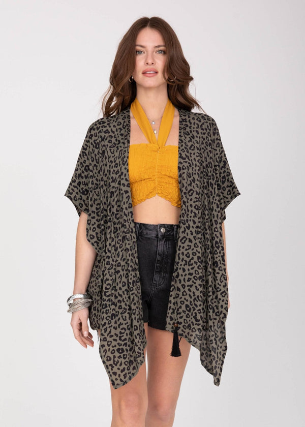Likemary Floaty Kimono Cover Up In Green Leopard Print
