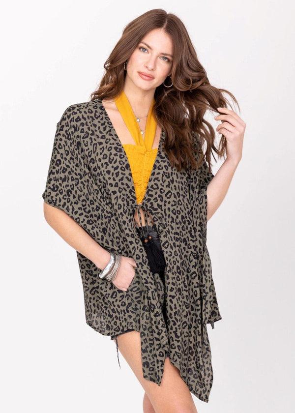 likemary Floaty Kimono Cover Up in Green Leopard Print