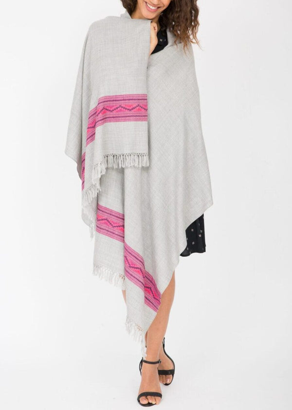 Likemary Grey Merino Wool Blanket Scarf With Himalaya Border