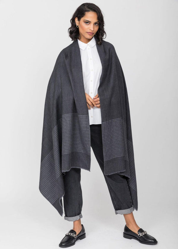 Likemary Grey Merino Wool Blanket Scarf With Stripes – Handwoven Shawl