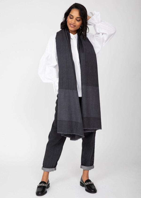 Likemary Grey Merino Wool Blanket Scarf With Stripes – Handwoven Shawl