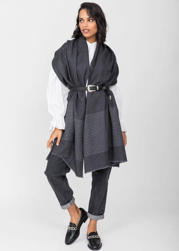 likemary Grey Merino Wool Blanket Scarf with Stripes – Handwoven Shawl