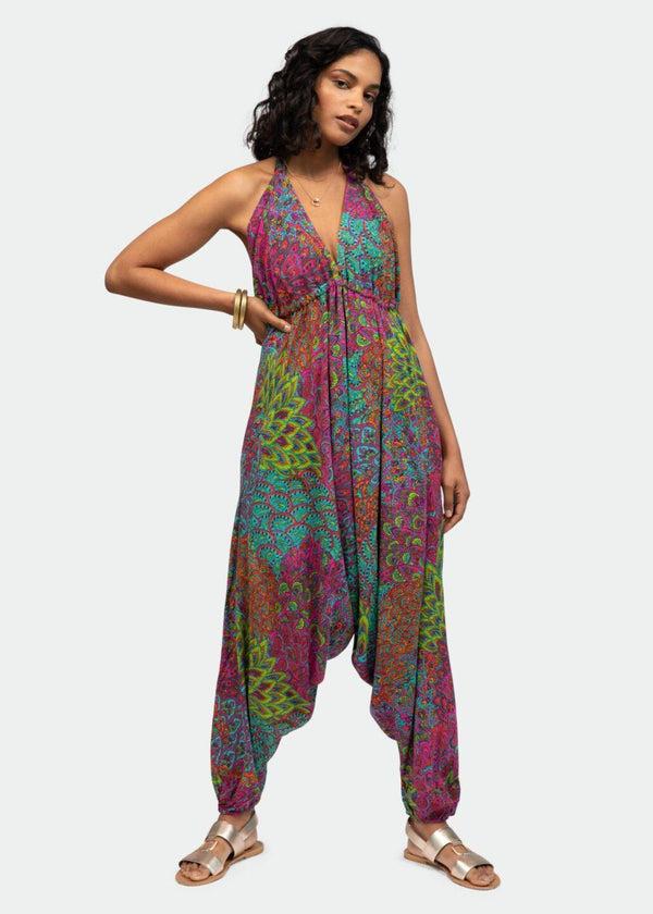 Likemary Halter Harem Jumpsuit Peacock Print Aqua Pink