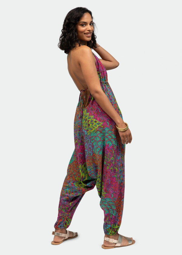 Likemary Halter Harem Jumpsuit Peacock Print Aqua Pink