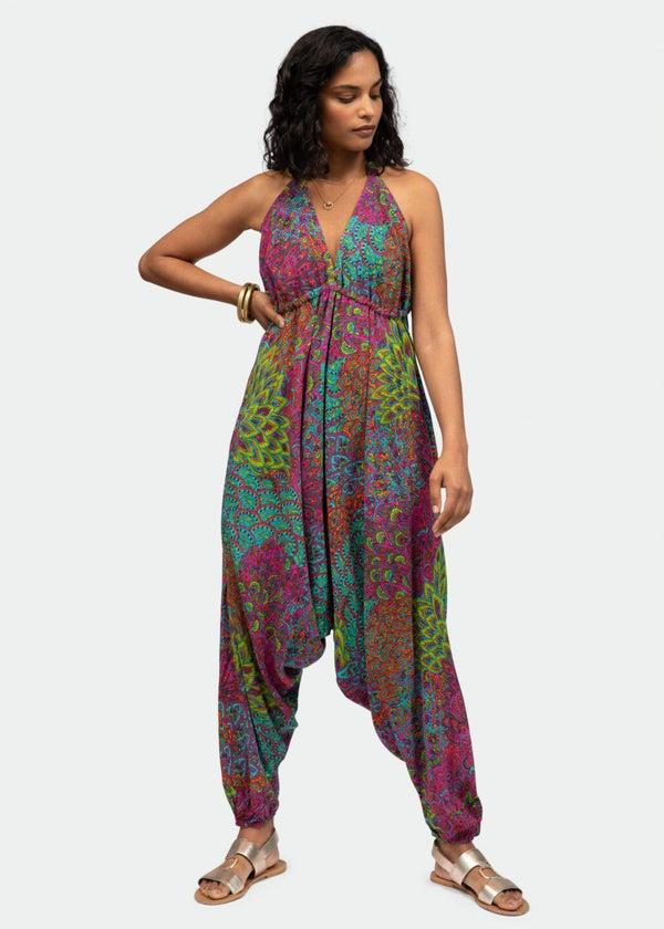 Likemary Halter Harem Jumpsuit Peacock Print Aqua Pink