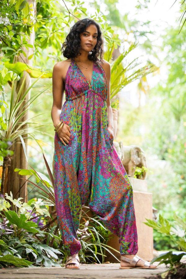 likemary Halter Harem Jumpsuit Peacock Print Aqua Pink