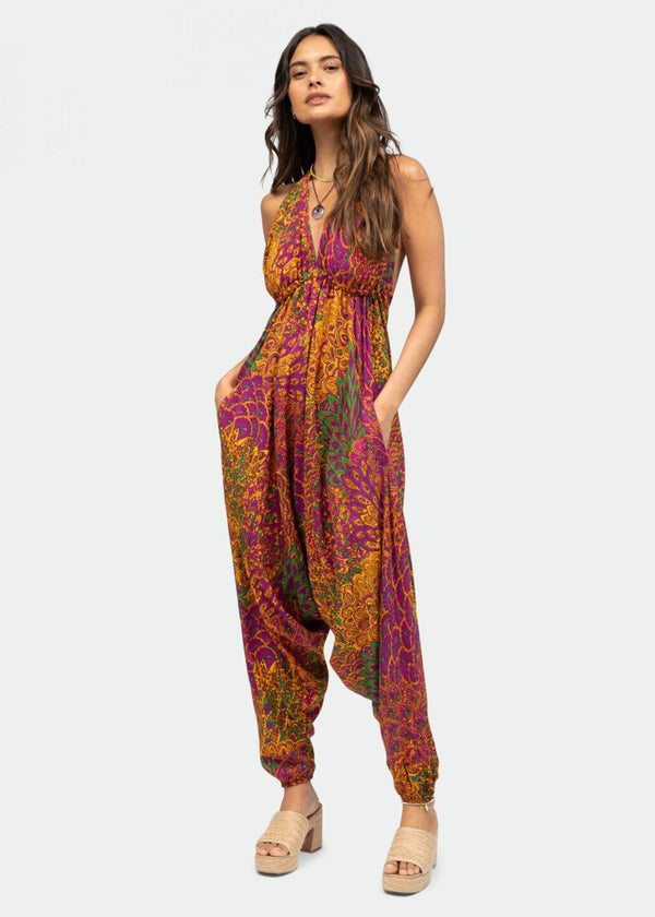 Likemary Halter Harem Jumpsuit Peacock Print Fuchsia