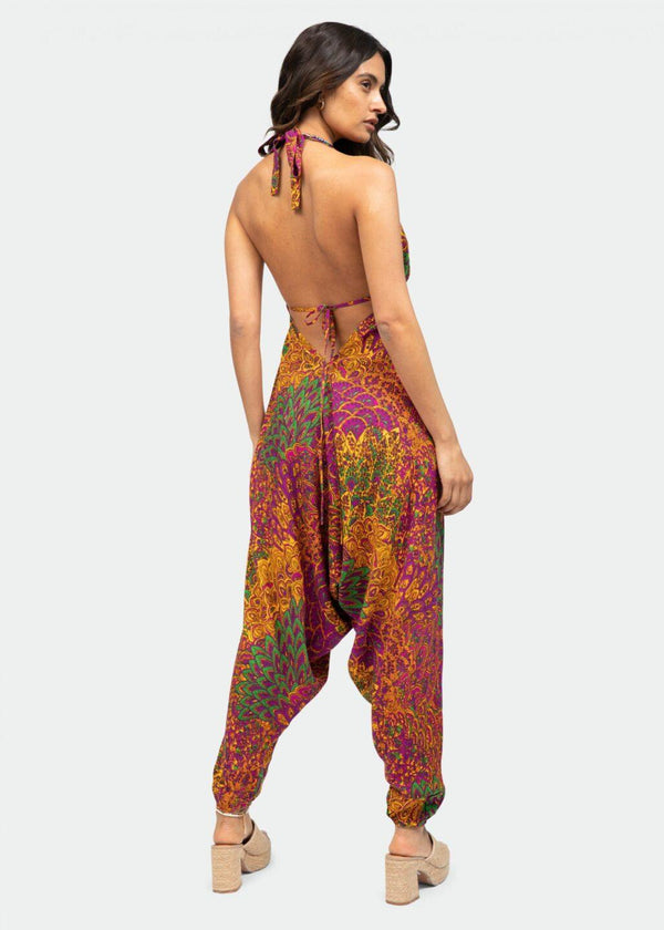 Likemary Halter Harem Jumpsuit Peacock Print Fuchsia
