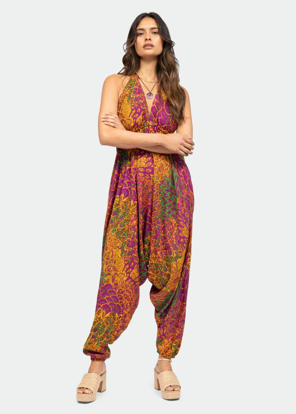 Likemary Halter Harem Jumpsuit Peacock Print Fuchsia