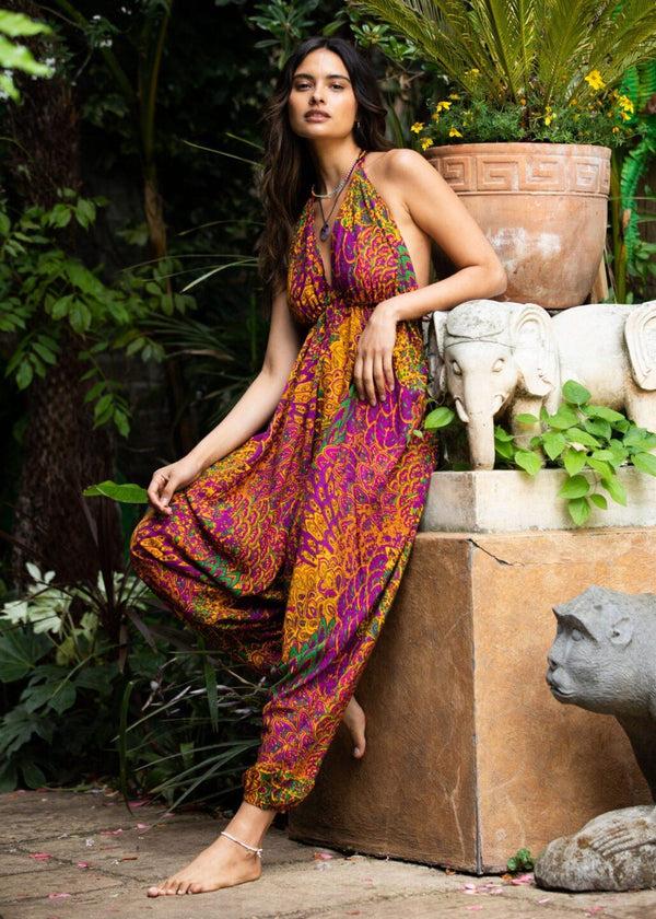 likemary Halter Harem Jumpsuit Peacock Print Fuchsia