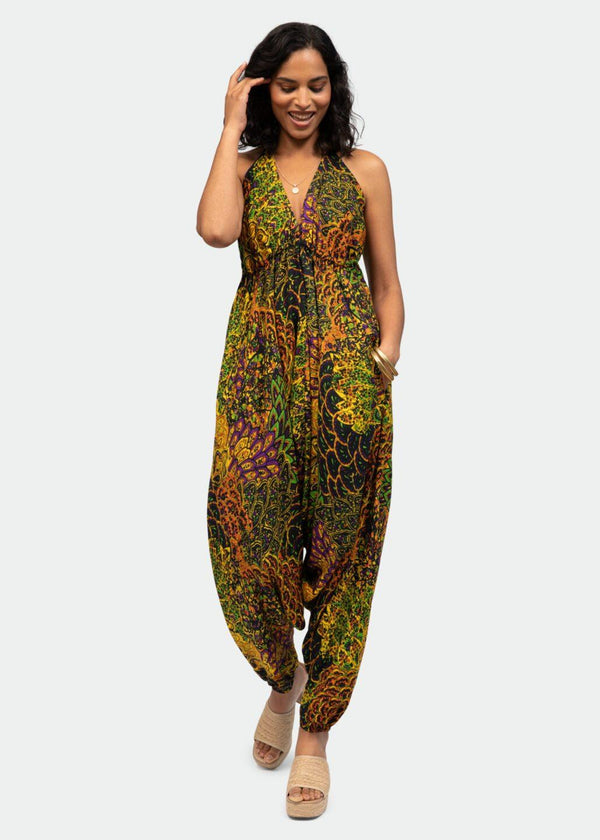 Likemary Halter Harem Jumpsuit Peacock Print Navy & Yellow