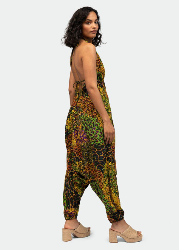Likemary Halter Harem Jumpsuit Peacock Print Navy & Yellow