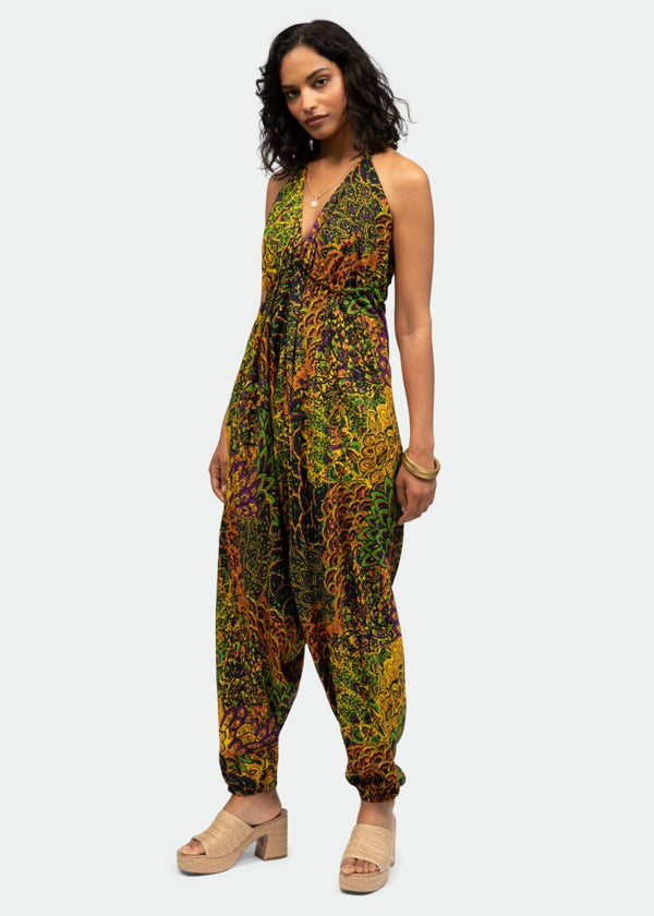 likemary Halter Harem Jumpsuit Peacock Print Navy & Yellow