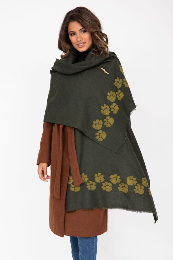 Likemary Handwoven Merino Wool Blanket Scarf In Green With Paws Motif