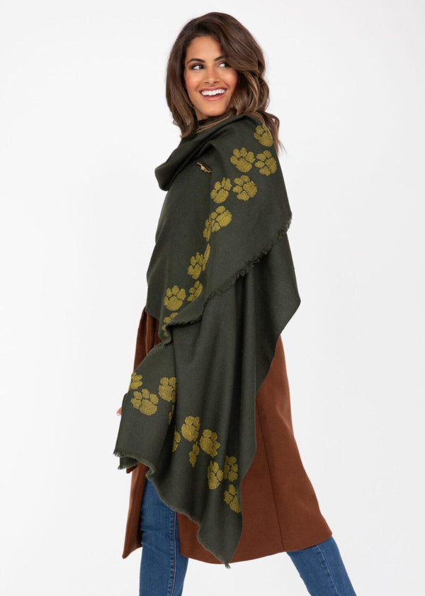Likemary Handwoven Merino Wool Blanket Scarf In Green With Paws Motif