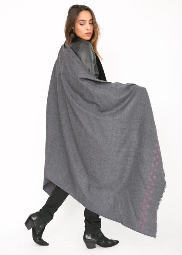 Likemary Handwoven Merino Wool Blanket Scarf In Grey With Cross Motif